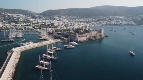 Awesome aerial view of Bodrum Castle and Bodrum Harbor, Turkey