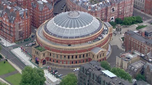 Slow aerial rotating shot around the Royal Albert Hall in London, England, United Kingdom