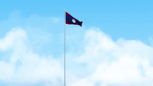 Laos Flag 3D Render Animation Waving on Pole with Blue Sky