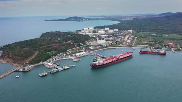 Aerial view to a oil port of oil refinery Lukoil on Black Sea near to ...
