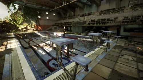 An Abandoned Swimming Pool in an Empty and Crumbling Building
