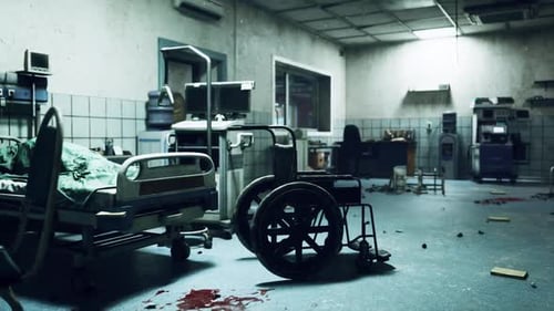 Abandoned and Destroyed Hospital Room with Overturned Wheelchair and Debris