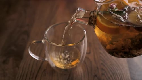 Pouring Fruit and Spice Tea into Clear Mug