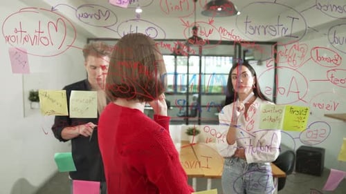 Professionals Planning at Office Whiteboard, Brainstorming Ideas
