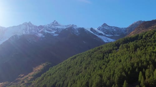 Sunlit Alpine Mountain Range Above Green Forest
