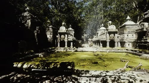 Serene Religious Site Surrounded By Vibrant Greenery and Glowing Reflections