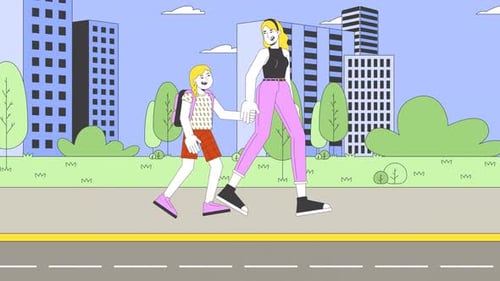 Mother taking daughter to school cartoon animation