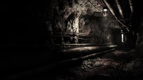 Dark Underground Bunker Corridor with Exposed Pipes and Rugged Walls