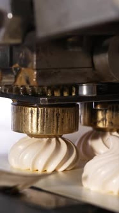 Few metal nozzles rotate and squeeze creamy marshmallows on conveyor belt.