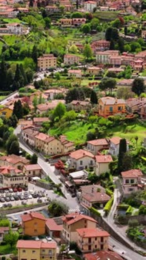 Aerial drone view of the village Bellagio near Lake Como, Italy. Vertical