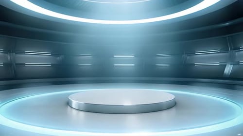 Futuristic Studio Podium with Blue Neon Lights and Spotlight
