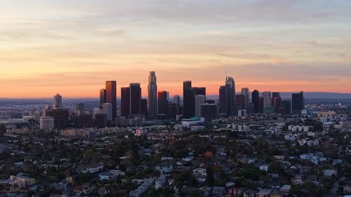Los Angeles skyline slow approach from a drone view