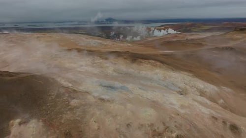 Aerial view of a volcanic hot spring, Namafjall Hverir, Iceland.