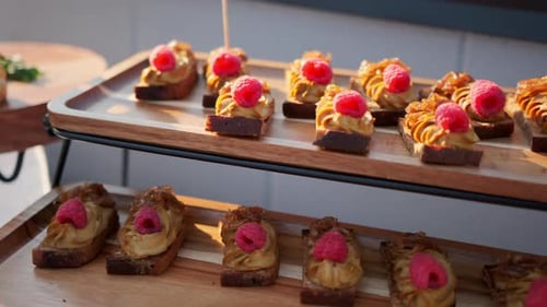 Close Up Banquet Table with Appetisers Catering in Restaurant
