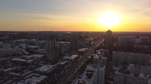 Aerial Small City with a Sunset