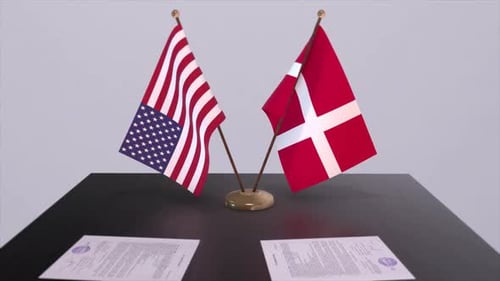 Denmark and USA at the negotiating table, a diplomatic deal. Business and politics animation