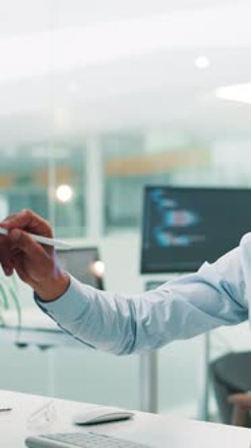 Man, programmer or pen with interactive display on computer for UI design or UX at office