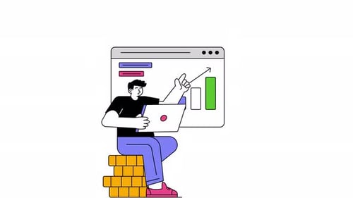 Flat Design Animation: Person with Laptop Analyzing Business Growth