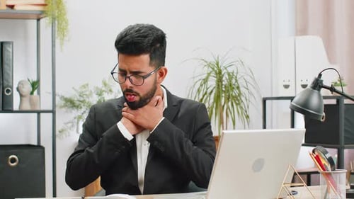 Indian Office Business Man Feeling Unwell Sick Ill Suffering From Sore Throat Hurt Swallowing Pain
