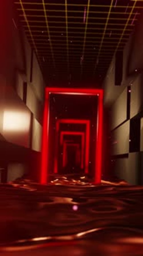 Retro Digital Tunnel with Neon Red Archways and Liquid Floor
