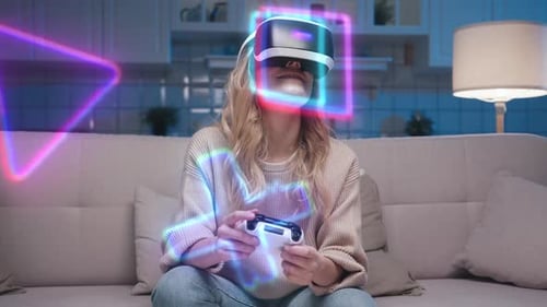 Young Woman Uses Virtual Reality in Headset Gaming Interface Looking Visual