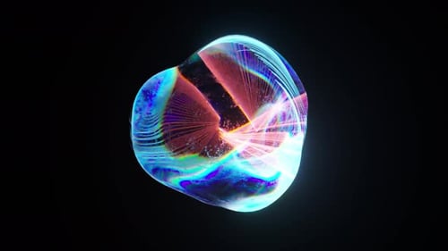 Abstract 3D Rendering of a Radiant Iridescent Droplet with Neon Light Beams Swirling Inside Against