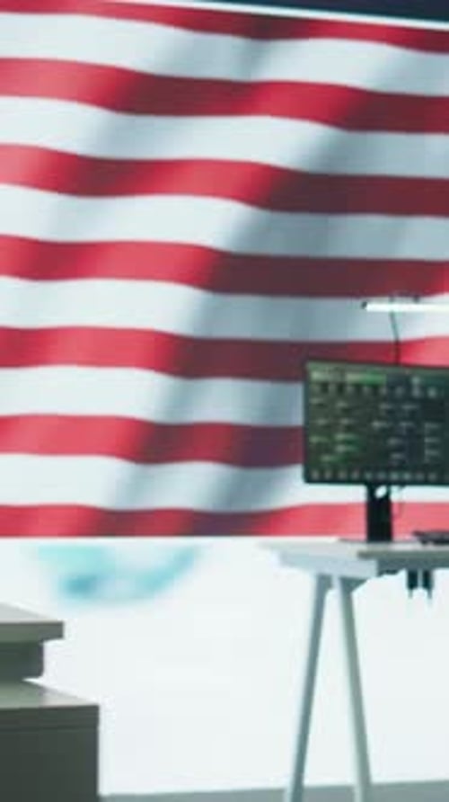 Empty Office with Monitors and American Flag