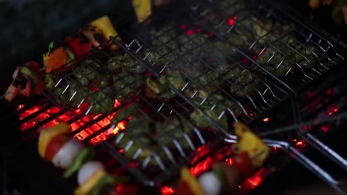 Delicious Meat and Vegetable Skewers on Grill