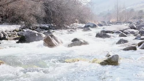 Mountain River Flowing Between Rocky Shores Winter Mountain River in Wood Water and Stones Slow