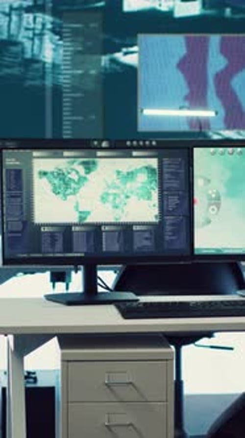 Vertical Video Empty Military Command Headquarters with a Big Screen Used for Reconnaissance