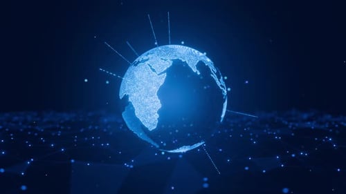 Technological hologram in the form of a rotating earth. Seamless animation. News broadcasting.