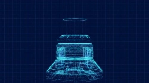 Futuristic 3D Wireframe Engine Part Assembly and Rotation