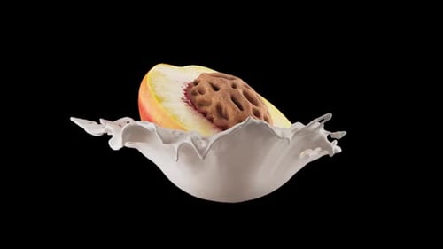 Rotating Realistic Peach Slice in Fluid Milk Splash