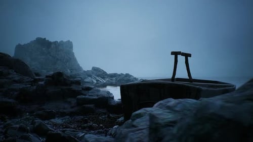 Abandoned Wooden Boat on Foggy Seashore