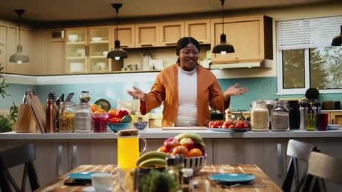 Woman Talking About Food in Sunny Kitchen