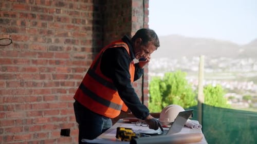 Man, laptop or phone call on construction site for review, material order or schedule update