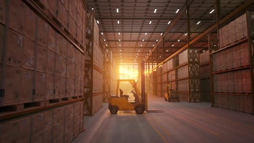 Industrial Logistics Warehouse Forklift Golden Sun Behind Door