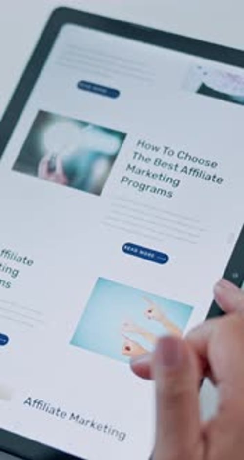 Hands, person and reading with tablet screen in office for marketing research with beginner guide
