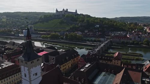 Aerial drone view of the Old Main Bridge in Würzburg, Germany .