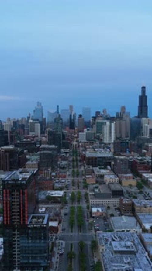 Urban Metropolis Chicago Skyline with Soaring Skyscrapers and Avenue Lined with Green Trees Against