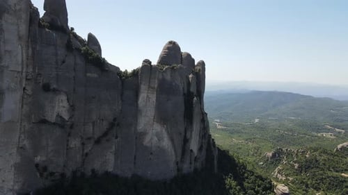Aerial views of Montserrat peaks, a mountain range in Catalonia