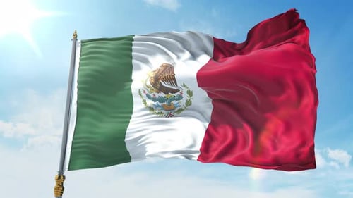 Realistic Mexico Flag Waving in Blue Sky Animation