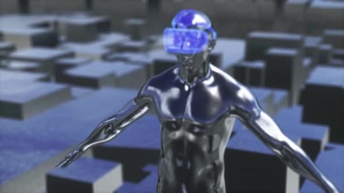 Futuristic Virtual Reality Humanoid in Abstract Digital Landscape
