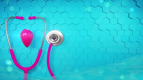 Medical Stethoscope and Pulsing Heart on Blue Hexagon Background