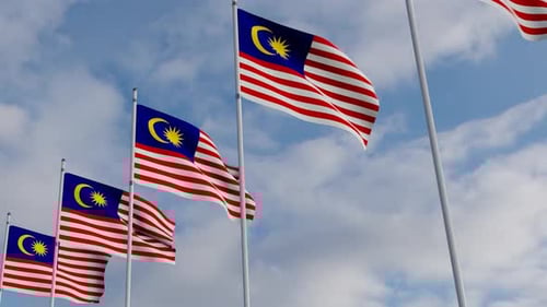 Realistic Malaysian Flags Waving in Wind Against Blue Sky