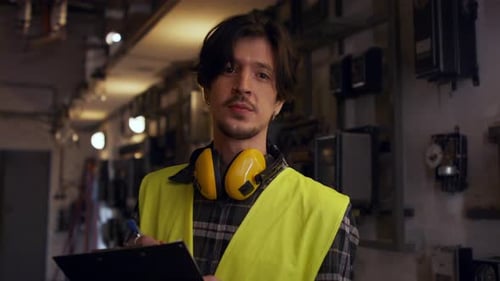 Young engineer stands confidently in bright industrial factory hallway