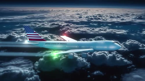 Realistic 3D Passenger Jet with USA Flag Flying Above Clouds