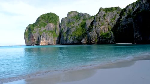 View of Limestone Cliffs and Tropical Beach at the Lagoon of Maya Bay Koh Phi Phi Thailand
