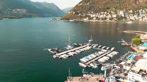 Aerial Drone View of the Lake in Como Mountains at Dawn Village of Bellagio Lake of Como Italy