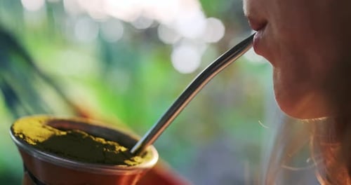 Woman drinks mate, details. Young caucasian woman drinks mate or chimarrao from traditional gourd at